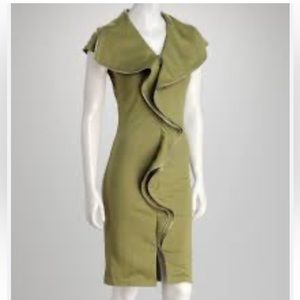 Luxury Designer Samuel Dong Olive Zipper Ruffle Dress cap sleeves S/M
